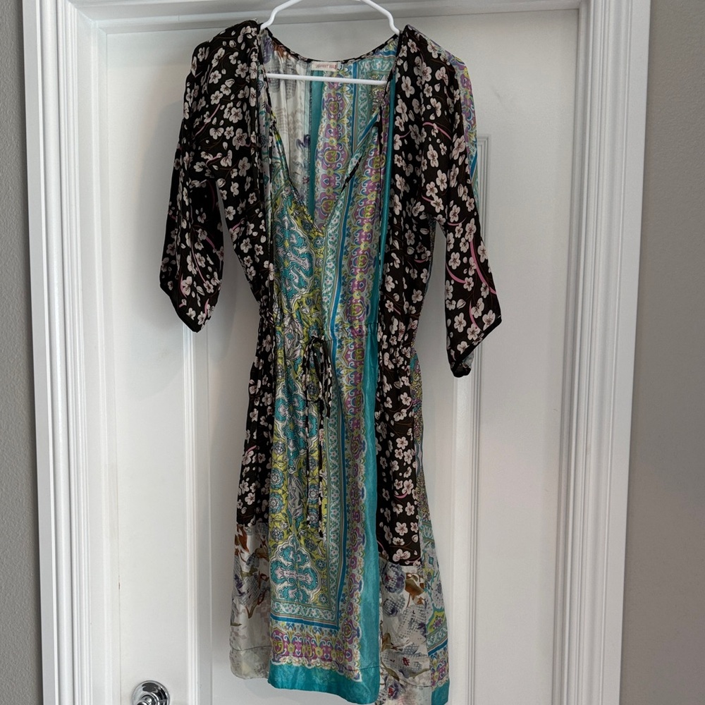 Johnny Was Black Floral & Turquoise Paisley Midi Dress Small Silk